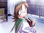  artist_request beret book brown_hair game_cg glasses hat honma_maino library school_uniform short_hair smile solo tenkuu_no_yumina 