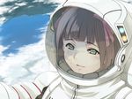  amami_haruka brown_hair earth green_eyes hair_ribbon idolmaster idolmaster_(classic) idolmaster_live_for_you! non-web_source ribbon short_hair smile solo spacesuit 