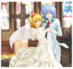  alice_margatroid bridal_veil bride dress elbow_gloves formal gloves highres izayoi_sakuya multiple_girls pant_suit sen'yuu_yuuji suit touhou veil wedding wedding_dress white_suit wife_and_wife yuri 