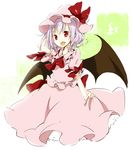  bat_wings blush hat looking_at_viewer mob_cap pink_legwear puffy_short_sleeves puffy_sleeves red_eyes remilia_scarlet rin_(royal) short_hair short_sleeves silver_hair solo tareme touhou wings 