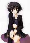  absurdres amagami black_hair blazer blush brown_eyes head_tilt highres jacket kneehighs nanao_naru nanasaki_ai non-web_source short_hair sitting skirt socks solo sweater_vest 