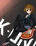  brown_hair guitar hair_ornament hairclip hirasawa_yui instrument k-on! mr_chwadee pantyhose school_uniform shoes short_hair skirt solo spoon uwabaki 