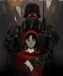  1girl armor black_eyes black_hair glowing glowing_eyes grimm's_fairy_tales helmet hood jin_roh little_red_riding_hood little_red_riding_hood_(grimm) military protect-gear shiira short_hair 