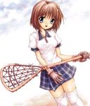  dutch_angle gloves head_tilt jpeg_artifacts kanon lacrosse misaka_shiori non-web_source plaid plaid_skirt skirt smile solo thighhighs white_legwear zettai_ryouiki 