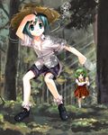  androgynous antennae ascot bad_id bad_pixiv_id butterfly_net chasing flat_chest from_below green_eyes green_hair hand_net hat highres kazami_yuuka multiple_girls no_bra open_clothes open_shirt plaid plaid_skirt plaid_vest red_eyes reverse_trap shirt short_hair skirt skirt_set sleeves_rolled_up straw_hat touhou umekichi vest wriggle_nightbug 