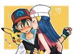  1girl bad_id bad_pixiv_id beanie blue_hair blush cheek_kiss gen_1_pokemon giggling hat heart hetero hikari_(pokemon) kiss m1523m pikachu pokemon pokemon_(anime) pokemon_(creature) satoshi_(pokemon) 