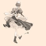  apron bad_id bad_pixiv_id copyright_request from_behind hair_bun maid onohana puffy_sleeves sepia_background shoes short_hair solo star walking 
