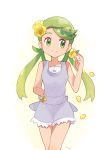  1girl arm_behind_back artist_name badge blown_petals breasts closed_mouth flower green_eyes green_hair hair_ornament holding holding_flower leaf_hair_ornament long_hair mao_(pokemon) mei_(maysroom) petals pokemon pokemon_(game) pokemon_sm simple_background small_breasts smile solo tagme trial_captain twintails white_background yellow_flower 