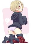  black_legwear blonde_hair blush e_moegi ear_piercing earrings hood hood_down hoodie idolmaster idolmaster_cinderella_girls jewelry long_sleeves panties piercing pink_panties red_eyes shirasaka_koume short_hair skirt skirt_pull sleeves_past_fingers sleeves_past_wrists solo stud_earrings thighhighs underwear 