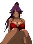  1girl bleach breasts dark_skin large_breasts purple_hair revolve shihouin_yoruichi simple_background smile solo 