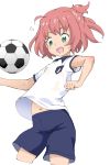  ball character_request female green_eyes navel ookamiuo pink_hair short_hair shorts simple_background soccer_ball solo white_background 