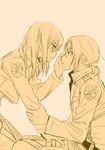  arm_grab artist_request christa_renz emblem freckles hand_on_another's_face jacket looking_at_another monochrome multiple_girls paradis_military_uniform pink shingeki_no_kyojin short_hair simple_background touching ymir_(shingeki_no_kyojin) yuri 