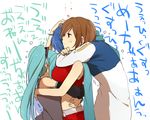  2girls aqua_hair bad_id bad_pixiv_id belt blue_hair breasts brown_eyes brown_hair detached_sleeves hatsune_miku hug hug_from_behind kaito large_breasts long_hair meiko midriff multiple_girls nail_polish sweatdrop tomo_(sjim) vocaloid white_background 