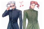  dual_persona earrings gakuran green_eyes jewelry jojo_no_kimyou_na_bouken kakyouin_noriaki male_focus multiple_boys mzochi palette_swap purple_eyes red_hair scar school_uniform sunglasses 