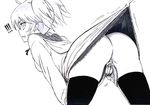  1girl ass assisted_exposure blush covering covering_crotch dress dress_lift fang fishing_hook highres hood hood_down monochrome no_panties open_mouth original short_hair short_twintails solo sweatdrop thighhighs twintails underwear wavy_mouth yooo 
