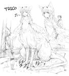  abubu arrow child feathers greyscale griffin happy monochrome monster_girl musical_note short_hair size_difference smile tail talons the_boy_(the_last_guardian) the_last_guardian trico_(character) 