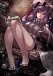  absurdres bad_id bad_pixiv_id bare_legs barefoot book bow breasts death_is_13 feet hair_bow hat highres large_breasts patchouli_knowledge pillow purple_eyes purple_hair sidelocks sitting solo touhou 