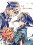 1girl alternate_eye_color anniversary azur_(fire_emblem) blue_eyes blue_hair bouquet brother_and_sister cape dutch_angle earrings english fire_emblem fire_emblem:_kakusei flower grin hair_between_eyes holding jewelry leaf long_hair looking_at_viewer lucina petals red_flower red_rose rose siblings sk_(ryolove) smile symbol-shaped_pupils tiara 