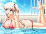  barefoot bikini blue_eyes blush breasts butt_crack cloud covered_nipples day jewelry kafu large_breasts legs light_rays long_hair lying mabinogi nao_(mabinogi) on_stomach partially_submerged pool red_bikini ring shallow_water side-tie_bikini sky solo summer sunbeam sunlight swimsuit thighs twintails untied water wet white_hair 