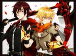  artist_name bad_id bad_pixiv_id belt black_border blonde_hair border brothers cape crescent_rose cross ember_celica_(rwby) gauntlets genderswap genderswap_(ftm) looking_at_viewer looking_to_the_side male_focus multiple_boys petals red_hair rnolatte rose_petals ruby_rose rwby scythe shaded_face short_hair siblings smile smirk tattoo upper_body watermark weapon web_address white_background wide-eyed yang_xiao_long 