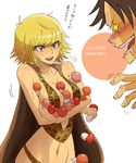  1boy 1girl amazon animal_print between_breasts black_hair blonde_hair breasts breath cape character_name cleavage copyright_name drooling groin highres large_breasts leopard_print marguerite monkey_d_luffy mushroom navel one_piece open_mouth phallic_symbol profile red_eyes sexually_suggestive short_hair simple_background sweat translated white_background yooo 