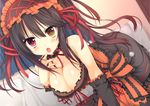  bare_shoulders black_hair blush breasts cleavage clock_eyes date_a_live dress hair_ribbon hairband heterochromia highres large_breasts lolita_fashion lolita_hairband long_hair looking_at_viewer nanahosi_seiiki open_mouth red_eyes ribbon saliva solo symbol-shaped_pupils tokisaki_kurumi twintails yellow_eyes 