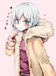  anastasia_(idolmaster) blue_eyes blush coat haruyukiko hood idolmaster idolmaster_cinderella_girls long_sleeves pink_background short_hair silver_hair smile solo 