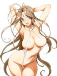  aa_megami-sama antenna_hair armpits arms_up belldandy blue_eyes breasts brown_hair contrapposto facial_mark highres hips joy_division large_breasts legs long_hair looking_at_viewer navel open_mouth simple_background slingshot_swimsuit smile solo standing swimsuit thighs wavy_hair white_background white_swimsuit 