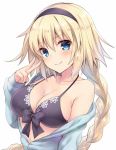  bangs bankoku_ayuya bare_shoulders blonde_hair blue_eyes blue_jacket blush braid breasts cleavage closed_mouth collarbone commentary_request eyebrows_visible_through_hair fate/grand_order fate_(series) hair_between_eyes hairband hand_up jacket jeanne_d&#039;arc_(fate)_(all) jeanne_d&#039;arc_(swimsuit_archer) jeanne_d'arc_(fate) jeanne_d'arc_(fate)_(all) jeanne_d'arc_(swimsuit_archer) large_breasts long_hair long_sleeves looking_at_viewer navel off_shoulder simple_background single_braid sleeves_past_wrists smile solo upper_body v v-shaped_eyebrows white_background 