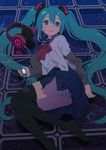  aqua_eyes aqua_hair cardigan d: dark digital_media_player feet hatsune_miku headphones highres long_hair looking_at_viewer lying no_symbol open_mouth panties school_uniform serafuku shiwasu_takashi skirt sky socks solo star_(sky) starry_sky thighhighs twintails underwear vocaloid 