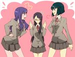  angry black_hair blazer blush dark_precure fighting flying_sweatdrops fume glasses guratama hand_on_hip hands_on_hips hands_up heartcatch_precure! jacket kurumi_momoka long_hair multiple_girls myoudou_gakuen_high_school_uniform pink_background precure purple_eyes purple_hair school_uniform short_hair sigh sweatdrop tsukikage_yuri what_if 