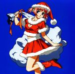  bag blue_eyes breasts cleavage cleavage_cutout gloves hat heart_cutout highres looking_at_viewer medium_breasts mezzo_danger_service_agency official_art pink_hair santa_costume santa_hat short_hair skirt smile standing standing_on_one_leg suzuki_mikura twintails umetsu_yasuomi 