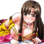  blush breasts brown_eyes brown_hair condom condom_in_mouth eyebrows eyebrows_visible_through_hair harepore highres jewelry large_breasts long_hair looking_at_viewer lying mouth_hold necklace nipples saaya_(suisei_no_gargantia) simple_background smile solo suisei_no_gargantia sweat used_condom 