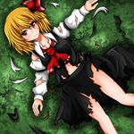  armband blonde_hair bruise collarbone eyebrows from_above frown green_background hair_ribbon highres injury long_sleeves looking_at_viewer navel outstretched_arms red_eyes ribbon rumia short_hair skirt skirt_set solo spread_arms suikyou_(aqua_cities) torn_clothes touhou tsurime 