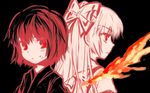  back-to-back black_background black_hair dual_persona fiery_wings fujiwara_no_mokou fujiwara_no_mokou_(young) japanese_clothes kimono long_hair multiple_girls ofuda red_eyes rex_k ribbon serious short_hair simple_background touhou white_hair wings 