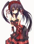  bare_shoulders black_hair blush breasts choker cleavage clock_eyes collarbone date_a_live dress hairband heterochromia highres leaning_forward lolita_fashion lolita_hairband long_hair looking_at_viewer medium_breasts natuki_rik red_eyes ribbon simple_background solo symbol-shaped_pupils tokisaki_kurumi twintails very_long_hair white_background yellow_eyes 