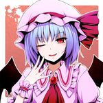  bat_wings blue_hair fang hat looking_at_viewer one_eye_closed red_eyes remilia_scarlet short_hair smile solo tokugawa_landine touhou wings wrist_cuffs 