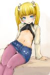  blonde_hair blue_eyes blush denim denim_skirt haruyukiko idolmaster idolmaster_cinderella_girls long_sleeves mary_cochran navel panties panties_under_pantyhose pantyhose pencil_skirt short_hair skirt solo tongue twintails underwear white_panties 