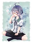  ahoge black_legwear blue_eyes blue_hair ensemble_girls! glasses highres kannazuki_hotori one_eye_closed plaid plaid_skirt red-framed_eyewear school_uniform short_hair sitting skirt sleepy socks solo tears uranaishi_(miraura) 