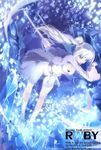  blue blue_eyes boots copyright_name dress english full_body holding holding_sword holding_weapon ice jewelry lao_meng left-handed long_hair myrtenaster ponytail rapier rwby solo sparkle standing sword text_focus watermark weapon web_address weiss_schnee white_dress 