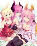  ahoge animal_ears blonde_hair blue_eyes breasts cleavage dress elizabeth_bathory_(fate) elizabeth_bathory_(fate)_(all) fate/extra fate/extra_ccc fate_(series) fox_ears green_eyes horns large_breasts long_hair medium_breasts modern_costume_of_crimson multiple_girls nero_claudius_(fate) nero_claudius_(fate)_(all) pink_hair rojiura_satsuki:_chapter_heroine_sanctuary tamamo_(fate)_(all) tamamo_no_mae_(fate) thighhighs yellow_eyes yude 