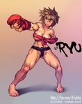  1girl abs blush breasts brown_eyes brown_hair capcom dark_skin elee0228 fundoshi genderswap lost-tyrant muscle ryu ryuu_(street_fighter) short_hair simple_background solo street_fighter 