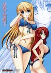  2girls ass bikini black_bikini blonde_hair blue_bikini blue_eyes breasts butt_crack cleavage front-tie_top green_eyes highres huge_breasts large_breasts long_hair multiple_girls rebecca_randall red_hair scan seikoku_no_dragonar shimesaba_kohada shiny shiny_skin side-tie_bikini sideboob silvia_lautreamont sling_bikini swimsuit underboob zoom_layer 