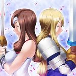  agrias_oaks akimichi armor back-to-back beatrix blonde_hair bracelet braid breasts brown_hair closed_eyes eyepatch final_fantasy final_fantasy_ix final_fantasy_tactics gloves jewelry large_breasts long_hair multiple_girls save_the_queen single_braid sword trait_connection weapon weapon_connection 