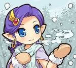  bella_(dq5) blue_eyes breath dragon_quest dragon_quest_v earrings hair_ornament jewelry mittens mizuno_mumomo pointy_ears purple_hair smile snowing solo tree winter 