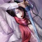  abs black_hair mikasa_ackerman open_clothes open_mouth open_shirt scarf shingeki_no_kyojin shirt solo sword wail_(wailwind) weapon 