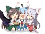  =_= arm_cannon black_hair blue_dress blue_hair blush_stickers cape chibi cirno do_(4-rt) dress dress_shirt fujiwara_no_mokou hair_ribbon hug long_hair melting multiple_girls mundane_utility reiuji_utsuho ribbon shirt short_hair silver_hair skirt squatting suspenders third_eye touhou very_long_hair weapon wings 