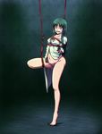  1girl arms_behind_back bdsm bondage bottomless bound bound_legs box_tie breast_bondage breasts drooling fate/zero fate_(series) gag green_hair highres long_hair milf pubic_hair ring_gag sakuraba_tsukasa saliva shibari solo standing_on_one_leg suspension tohsaka_aoi uncensored 