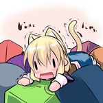  :d animal_ears blonde_hair building_block cat_ears cat_girl cat_tail chibi fang hoshizuki_(seigetsu) mizuhashi_parsee motion_lines open_mouth puru-see short_hair simple_background smile solo tail touhou translation_request trembling |_| 