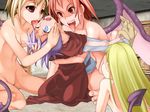  1boy 3girls blonde_hair blue_eyes bottomless breasts brown_eyes brown_hair demon_girl feet femdom gloves lencubus_(mon-musu_quest!) licking long_hair long_tongue luka_(mon-musu_quest!) maccubus_(mon-musu_quest!) mincubus_(mon-musu_quest!) mon-musu_quest! monster monster_girl multiple_girls navel nude purple_hair red_eyes red_hair sex shaft_look short_hair spoilers succubi succubus tail toes tongue tongue_out vaginal wings 